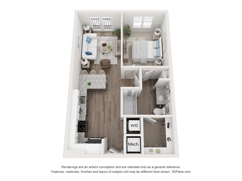 a 3d furnished floor plan of a 1 bedroom apartment